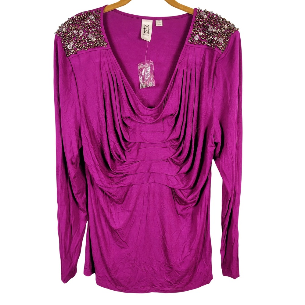 NWT Marc Bouwer Womens 1X Draped Cowl Neck Top Magenta Beaded Glam Regencycore